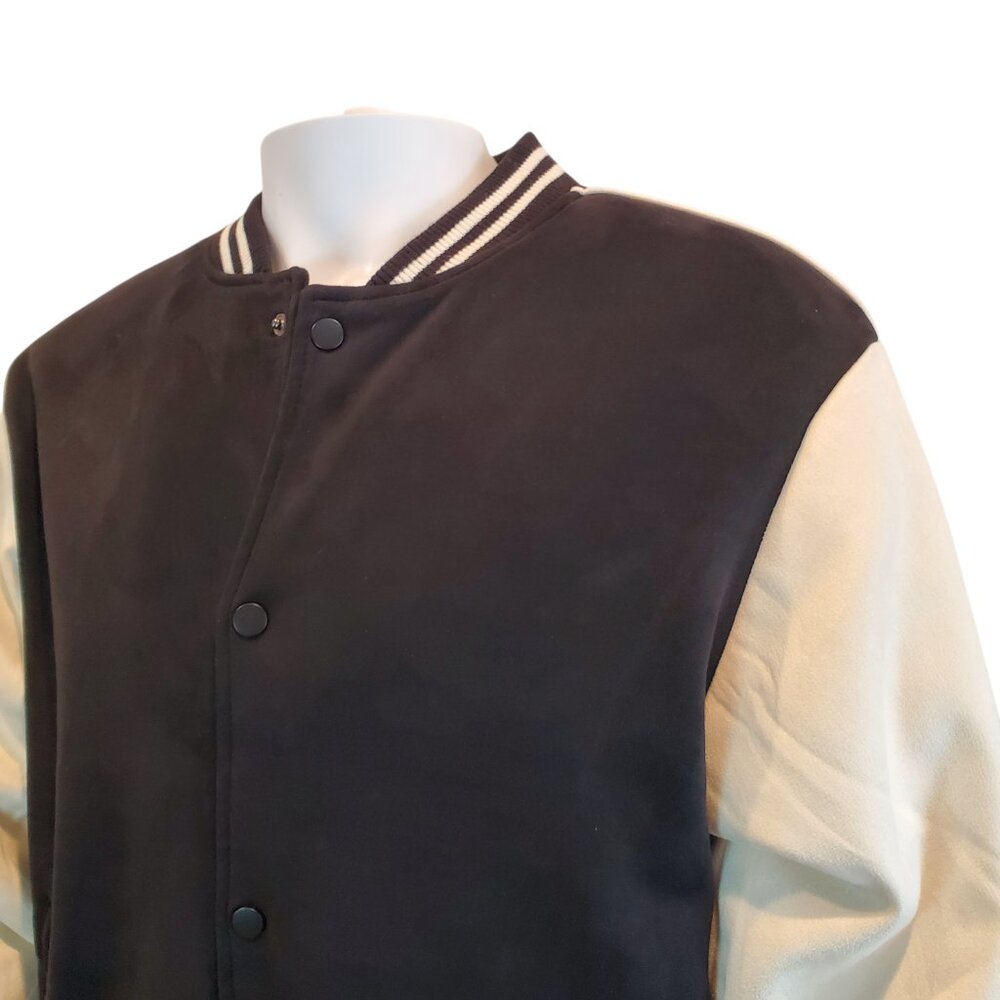 NEW HUDSON & BARROW SZ L Faux Suede ACTIV Athletic Varsity Bomber Jacket Black - Picture 3 of 9